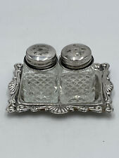 Vintage Individual Salt and Pepper Shakers Silver Plate Tray and Tops Hong Kong picture
