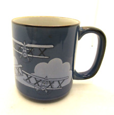 Vintage Blue Speckled Stoneware Biplane Plane Mug Coffee Cup picture