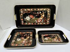 Japanese Lacquerware Black Nesting Trays Set of 3 Peacock Floral Painted Vintage picture