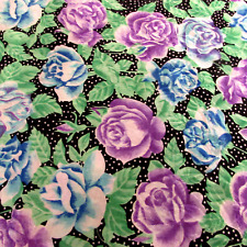 Vtg M M FAB INC 1989 Silky With Sheen Poly Blue Violet Roses on Black 5 yd x 45 picture