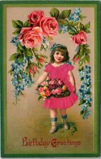 BIRTHDAY - Girl and Lots Of Flowers Silk Covered Birthday Greetings Postcard picture