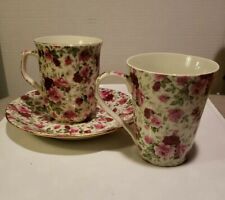 Formalities Baum Bros Porcelain Victorian Rose Chintz 2x Tea Cups/Mugs & Plate picture
