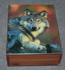 #4241 WOLF STARE KEEPSAKE JEWELRY HOME DECOR WOOD CEDAR BOX picture