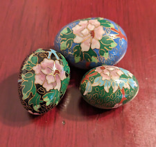 Vintage Eggs Cloisonné Enamel 3 Blue Green Black W/ Pink Flowers Gold Inlay EUC picture