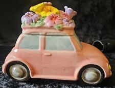 Maxcera Cookie Jar Canister Spring Flower Volkswagen Beetle VW Car Ceramic Pink picture
