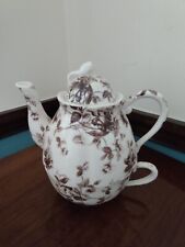 3 Pc Brown Toile Peppertree Tabletop Teapot Coffee Pot For One With Cup Mug Lid picture