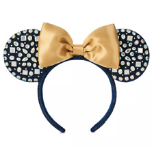 Disney World Parks 50th Anniversary Gold Bow Navy Faux Gems Minnie Headband Ears picture