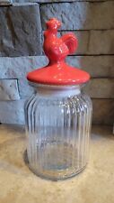 Pair Of Ribbed Glass Canister Jars Red Rooster Glazed Ceramic  picture