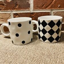 Set of 2 Homestead Living Black White Pottery Coffee Mugs Checkered Polka Dots picture