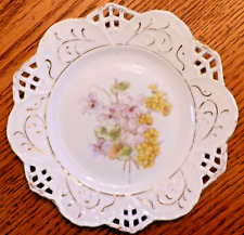 ANTIQUE Open Lace Edge Bread Collectible Plate Purple & Yellow Flowers 1800s picture