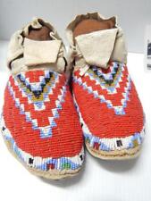 VINTAGE ANTIQUE ASSINIBOINE INDIAN SINEW SEWN + BEADED MOCCASINS HARD SOLES picture