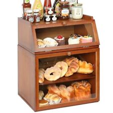 3-Tier Large Double Separable Bamboo Bread Box Storage with Clear Window and ... picture