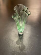 Vintage Signed Adam Jablonski Green “Unique Crystal” Glass Swung Edge Vase 9” picture