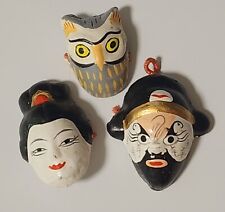 3 VINTAGE Hand painted KABUKI CLAY ORIENTAL MASK  Pins/Hair Ties OWL GEISHA+ picture