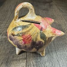 Antique PIGGY BANK Mexican Artisan Hand Painted Folk Art Clay Pottery W/ Handle picture