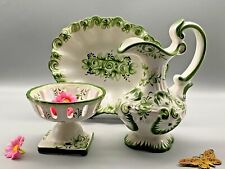 Vintage Vestal Portugal Hand Painted Jug Plate & Dish Set Green White Pottery picture