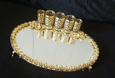 Vintage Filigree Oval Mirrored Vanity Lipstick Holder Footed Tray picture