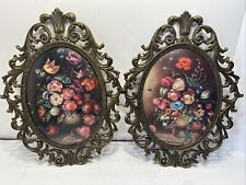 Pair Of Vintage Ornate Oval Brass Frame Floral Picture Convex Bubble Glass 13.5” picture
