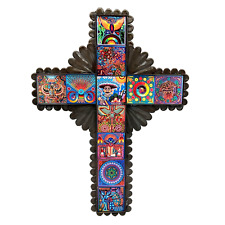 Mexican Tin Wall Cross Huichol Indian Peyote Dream Wood Tile Folk Art Large 15in picture
