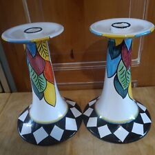 Hand-painted Set Of 2 GRAZIA DERUTA Candle Holders Made In Italy. 9.5