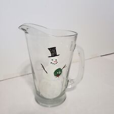 Water Pitcher Hand Painted Snowman Clear Glass Pitcher 52 Ounces 8 Inches picture
