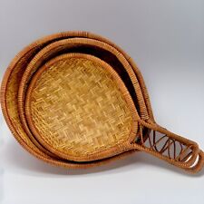 Vtg Boho Woven Basket W/ Handle Wall Decor Tray Country Cabin Nesting - 3 Set picture