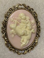75% Off*BEAUTIFUL LARGE CHERUB- ANGELS CAMEO BROOCH/PENDANT COMBO.pink/gold picture