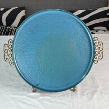 Vintage Hollywood Regency MOIRE GLAZE KEY Round Turquoise Brass Tray picture