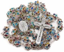Colorful Zircon Beads Silver Rosary Catholic Necklace Miraculous Medal Cross picture