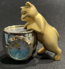 Vintage Elgin Miniature Desk Clock Cat looking into Fish Bowl Gold Silver picture