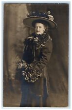 1909 Woman Big Hat Flowers Studio Portrait Kittanning PA RPPC Photo Postcard picture
