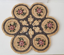 Vintage Pink Roses Cross Stitch Wicker Straw Hot Pads Woven Rattan Trivet 17 1/2 picture