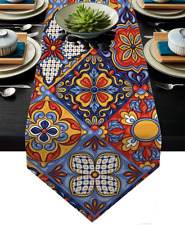 Mexican Talavera Ceramic Tile Pattern Linen Table Runners Dinner Table Setting picture