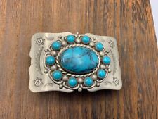 Vtg Bell Trading Post Belt Buckle Nickel Silver Faux Turquoise Excellent picture
