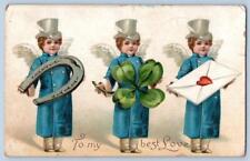 1910's ST PATRICK'S DAY 3 ANGELS TOP HATS HORSESHOE SHAMROCK HEART POSTCARD picture