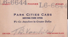 Park Cities Dallas TX Vintage Business Card Park Cities Cabs T B Voorhies c.1950 picture