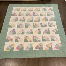 VTG Handmade Quilt Fan Pattern Queen 75”x83” Farmhouse Feed Sack Grandmother picture