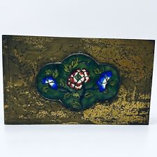 Vtg BRASS ETCHED Over Wood Jewelry Box Patina China Floral Enamel Emblem picture