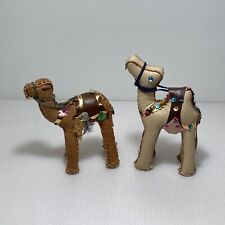 Two Leather Camel Figurine Handmade Art Decor Fringe Saddle Hand Stitched picture