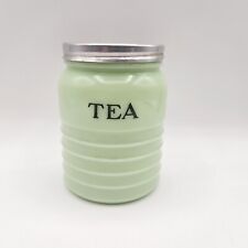 Vintage Jadeite Jeanette Green Milk Glass Tea Canister Jar with Metal Lid 16oz. picture