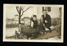 BOY DRIVING TOY PEDAL DERBY CAR WITH WEIRD OWL ON TRUNK 1920s VTG ANTIQUE PHOTO picture