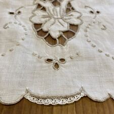 Vintage Silver Beige & white Linen Cutwork Embroidered Tablecloth Runner Madeira picture