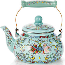 2.6 Quart Vintage Enamel Tea Kettle Large Enameled Floral Teapot Flower Enamel picture
