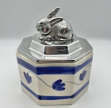 Trinket Box Blue & White Ceramic with Metal Bunny Rabbit Lid Vtg Cottage Core picture
