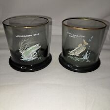 2 Rare Vintage NED SMITH Game Fish Largemouth Bass Smoked Glass Lowball Glasses picture