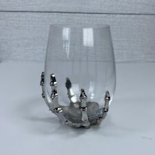 NWT Halloween Skeleton Hand Clear Stemless Wine Glass Silver Metal Gothic picture