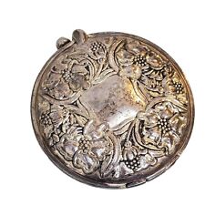 Vintage 1928 Silver Tone Floral embossed Scroll Design Powder Compact Mirror picture