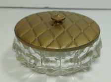 Vtg Clear Glass Diamond Cut Dresser Powder Jar Quilted Gold Lid Vanity Trinket picture