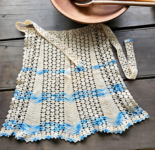 Vintage Half Apron Crocheted Lace Hand Made Ivory/White & Blue Chevron 1940-50s picture