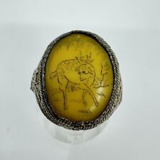 Antique Chinese Export Scrimshaw Ring Water Deer Carving Silver Over Copper picture